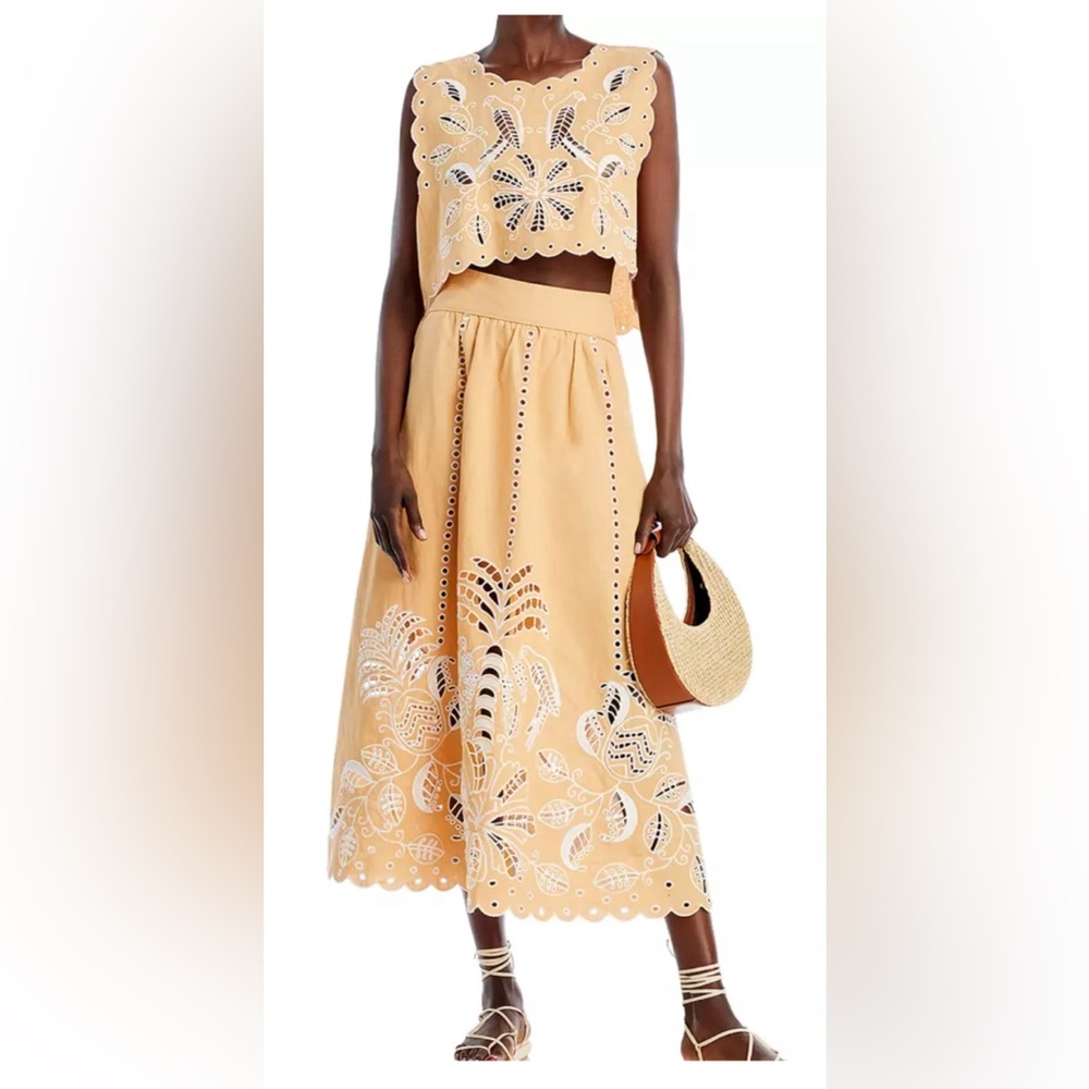 Farm Rio Set Embroidery Linen Long Skirt and Open-Back Top